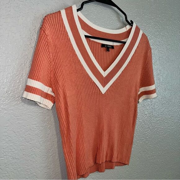 21 Main Womens V-Neck Short Sleeve Knitted Rib Pullover Cropped Top Orange Large - Picture 4 of 6
